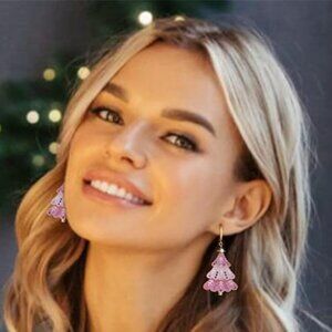 ✨ Pink Christmas Tree Earrings | Festive Holiday Dangle Jewelry | Gold Star